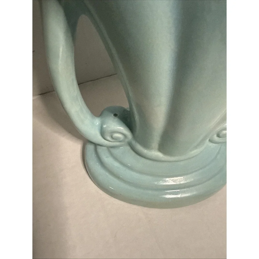 Vintage '72 Studio Art Deco Pottery Fan Vase Turquoise Scroll Handles Signed